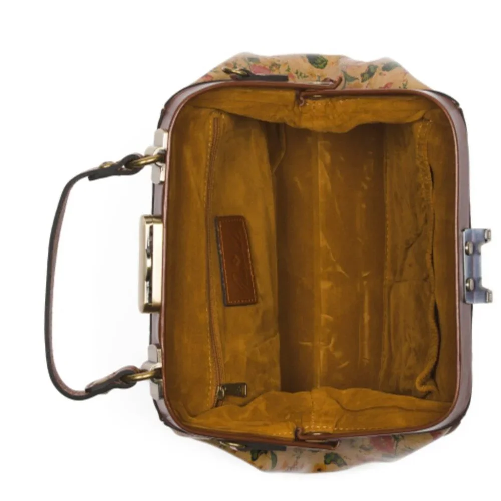 Patricia Nash Gracchi Prairie Rose Tan Framed Leather Satchel Xbody Floral